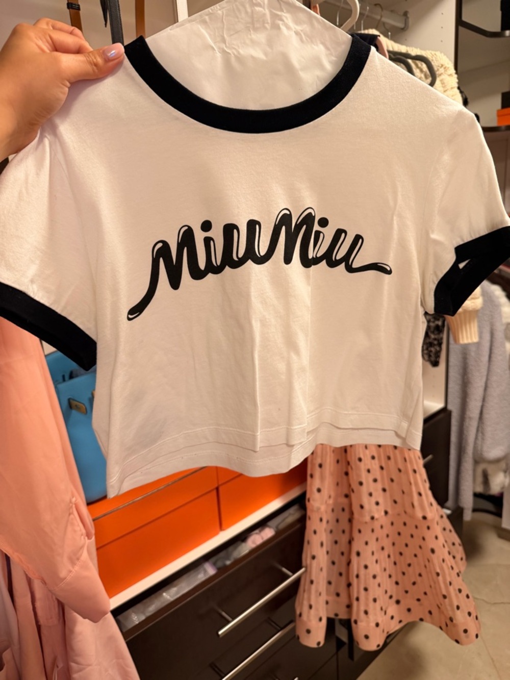 Miu Miu White Cropped Tee with Black Trim and Script Logo